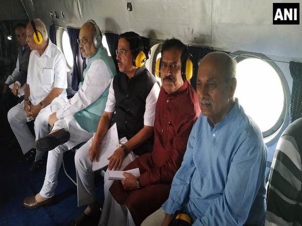 Home Minister Amit Shah, Chief Minister B S Yediyurappa and Union Ministers taking aerial survey of flood-affected areas in Belagavi district on Sunday. Photo/ANI