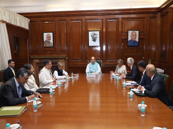 Home Minister Amit Shah, Interpol Secretary General Jürgen Stock and other officials during the meeting in New Delhi on Saturday. Photo/ANI