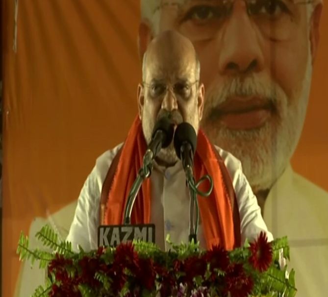 BJP president Amit Shah addressing an election rally at Mohanlalganj in Lucknow on Sunday 