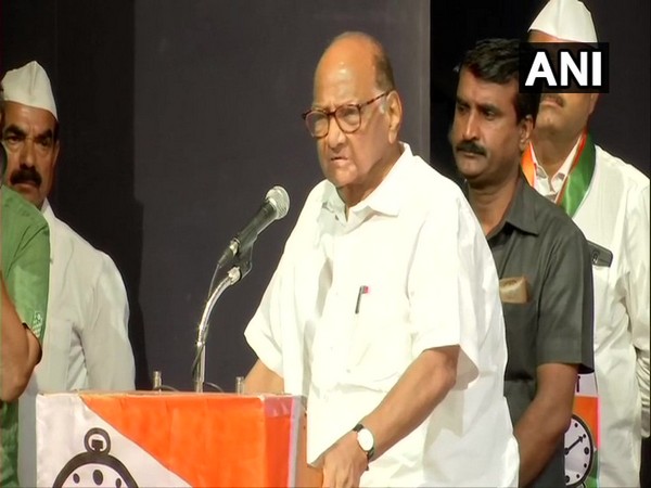 NCP chief Sharad Pawar at a party workers meeting in Mumbai on Monday. Photo/ANI