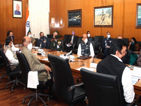 NCP chief Sharad Pawar during meeting with Defence Minister Rajnath Singh and other officials in New Delhi on Wednesday. (Phto/ANI)