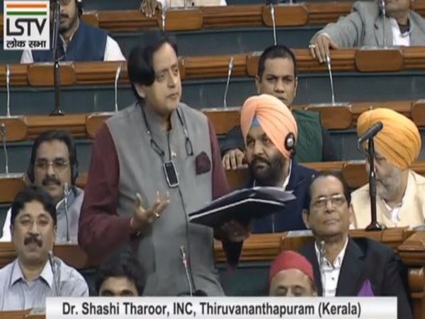 Congress MP Shashi Tharoor speaking in Lok Sabha on Tuesday. Photo/LS TV
