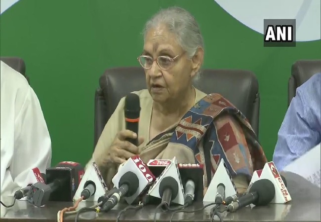 Congress leader Sheila Dikshit speaking at a press conference in new Delhi on Sunday Photo/ANI.