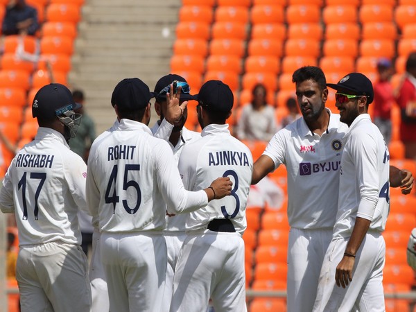 India spinner Ravichandran Ashwin celebrates with teammates. (Photo/ BCCI Twitter)