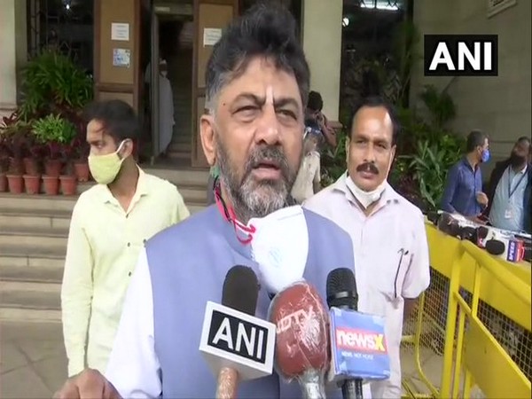 Karnataka Congress president DK Shivakumar speaking to reporters on Monday. 