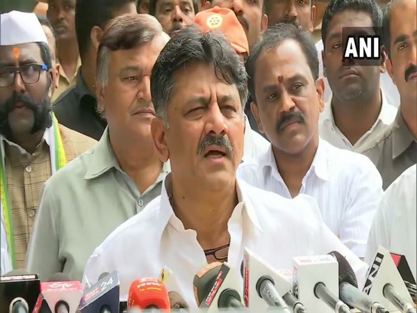 Karnataka Congress leader D K Shivakumar speaking to media. 