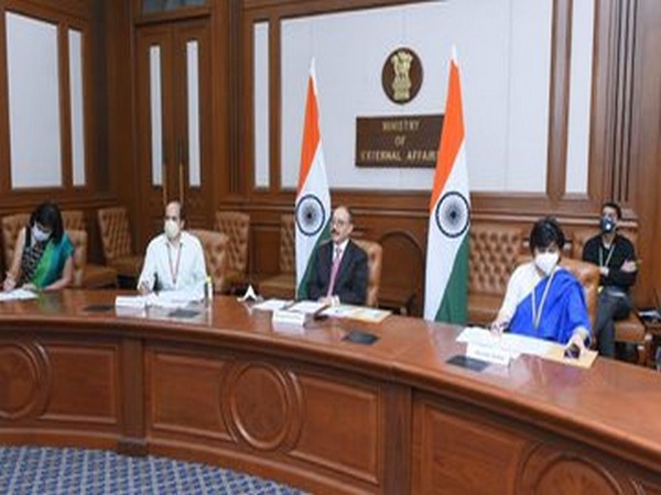 Foreign Secretary Harsh V Shringla during video conference with French Secretary General, Ministry of Foreign Affairs on Monday
