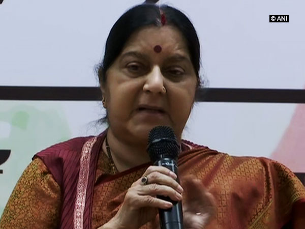 External Affiars Minister Sushma Swaraj addressing a gathering in Noida, Uttar Pradesh, on Sunday. Photo/ANI