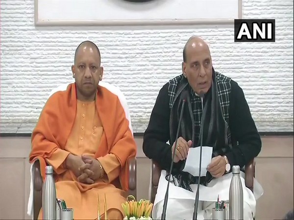 Defence Minister Rajnath Singh speaking to reporters after meeting in Lucknow on Sunday. 