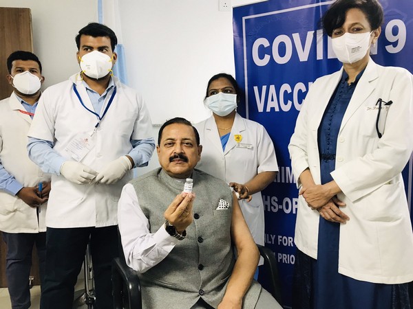 Union Minister Dr Jitendra Singh taking his first dose of COVID-19 vaccine on Monday.
