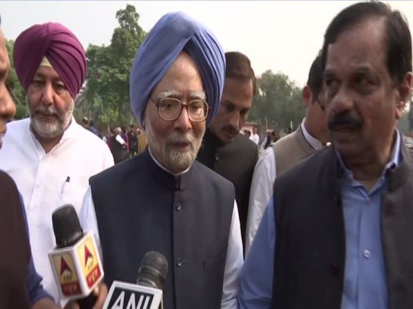 Former PM Manmohan Singh speaking to reporters in New Delhi on Tuesday. Photo/ANI