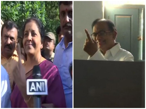 Congress leader P Chidambaram (L) and Defence Minister Nirmala Sitharaman (R) cast votes at Sivaganga and Bengaluru, respectively