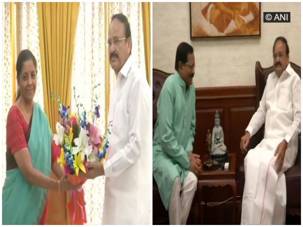 Union Ministers Nirmala Sitharaman and Shripad Naik meeting Vice President M Venkaiah Naidu in Delhi on Wednesday.