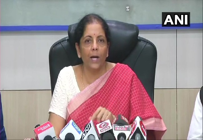 Finance Minister Nirmala Sitharaman speaking at a press conference in New Delhi on Thursday.