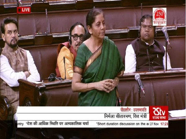 Finance Minister Nirmala Sitharaman speaking in the Rajya Sabha on Wednesday. (Image Courtesy: RSTV)