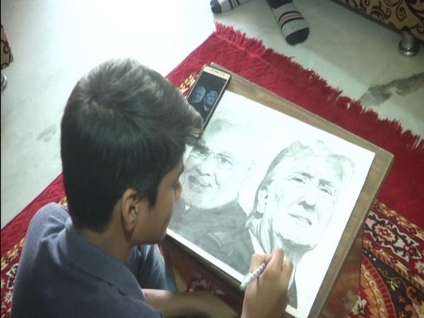 The sketch of Trump and Modi took artist Mahir Patel 30 hours to complete. Photo/ANI
