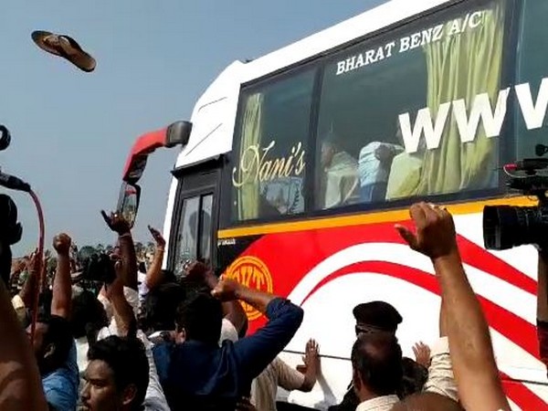 A slipper was hurled at Chandrababu Naidu's bus in Amaravati on Thursday. Photo/ANI