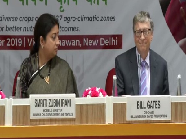 Union Minister Smriti Irani on left with Bill Gates in New Delhi on Monday.