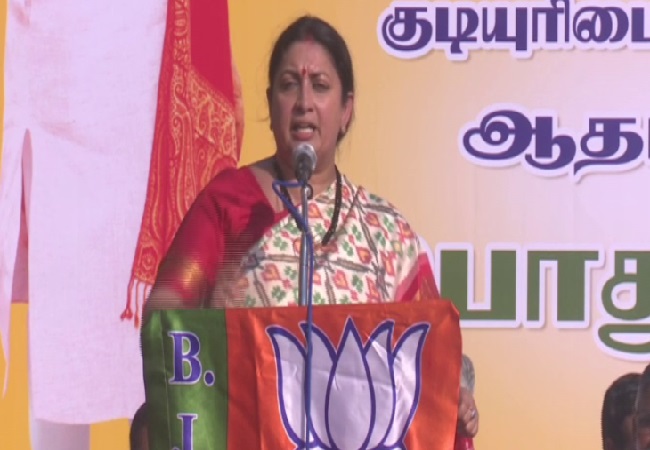 Union Minister Smriti Irani at a public meeting in Madurai, Tamil Nadu on Thursday. 