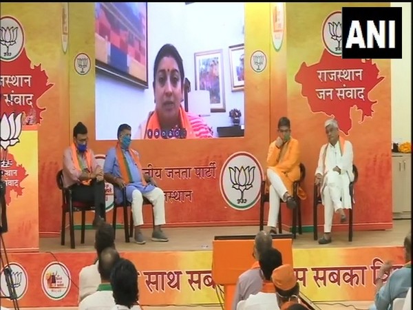 Union Minister Smriti Irani addressing 'Rajasthan Jansamvad Rally' via video conference on Sunday. 