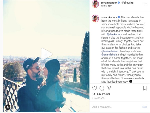 The actress is seen displaying some intimate affection towards her soul mate Anand Ahuja (Picture courtesy: Instagram)