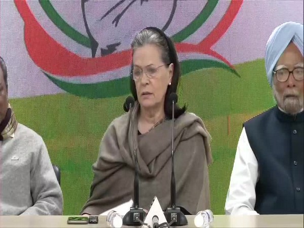 Congress interim president Sonia Gandhi addressed a press conference in New Delhi on Wednesday [Photo/ANI]