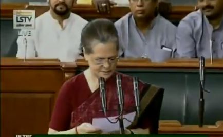 Congress MP from Uttar Pradesh's Rae Bareli, Sonia Gandhi takes oath as Member of Parliament on Tuesday. Image courtesy: Lok Sabha TV