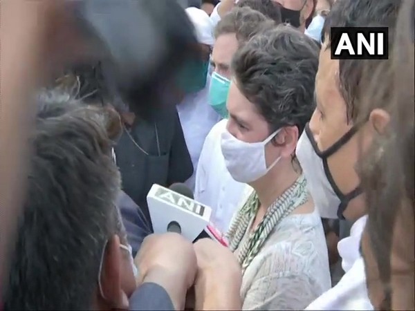 Congress leader Priyanka Gandhi Vadra during her way to Hathras in Uttar Pradesg. (Photo/ANI)