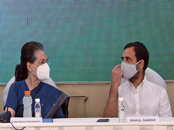 Congress interim president Sonia Gandhi with Rahul Gandhi during the CWC meeting on Sunday.
