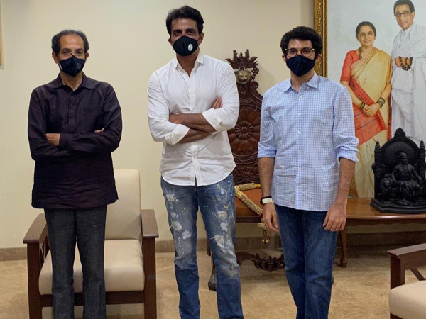 Actor Sonu Sood with Maharashtra Chief Minister Uddhav Thackeray and State Minister Aaditya Thackeray