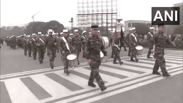 French contingents participate in Republic Day parade rehearsal at Vijay Chowk, New Delhi. (Visuals: ANI)