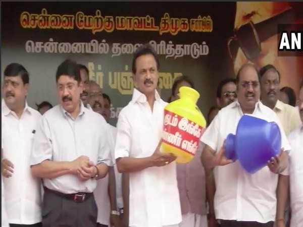 DMK chief MK Stalin at a protest in Chennai on Monday over water crisis in Tamil Nadu.