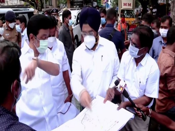 CM MK Stalin reviewing waterlogged situation in Chennai's Tenampet on Friday. (ANI/pictures)
