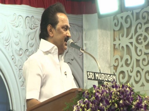 M K Stalin speaking at the event in Madurai.