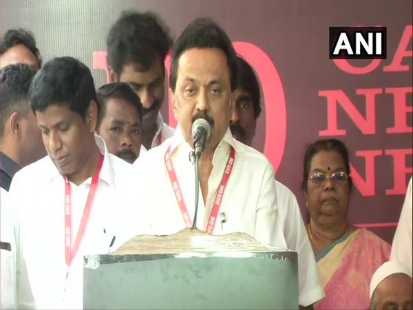 DMK chief MK Stalin addressing public rally in Chennai on Sunday 