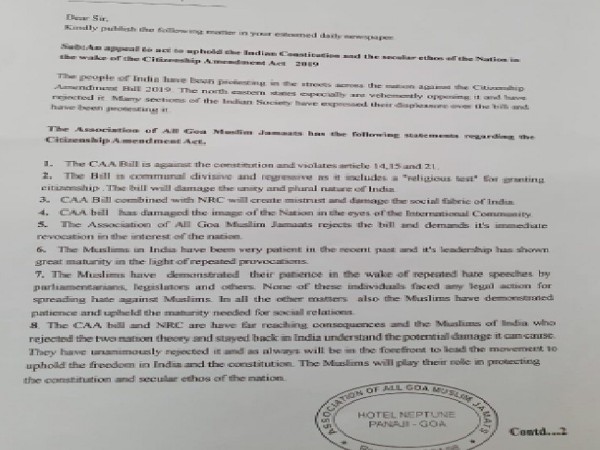 The statement of Association of All Goa Muslim Jamaats