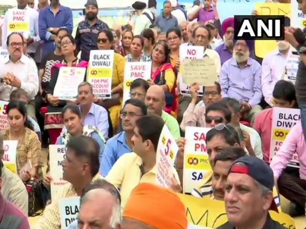 PMC bank account holders protest at Azad Maidan in Mumbai on Tuesday. Photo/ANI