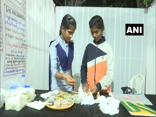 Swathi and Anita, students of ZPHS Mulkalapally in Telangana's Yadadri Bhuvanagiri district making zero waste sanitary pads. (Photo/ANI)