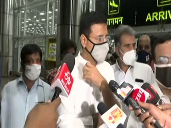 Congress party spokesperson Randeep Surjewala talking to reporters in Jaipur. (Photo/ANI)