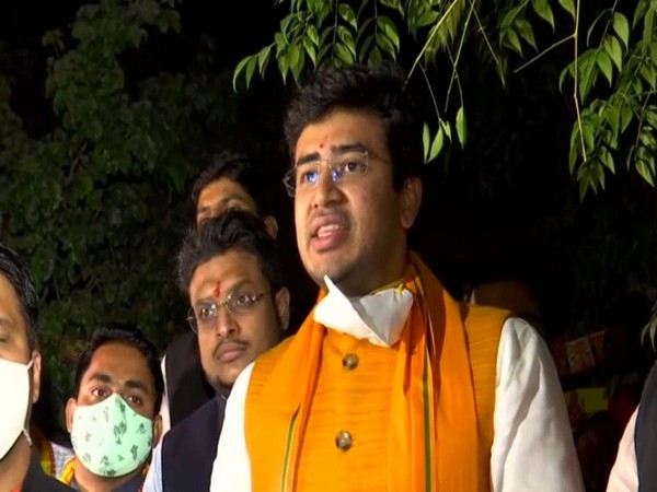 Tejasvi Surya speaking at a colony in Delhi's Adarsh Nagar on Friday.