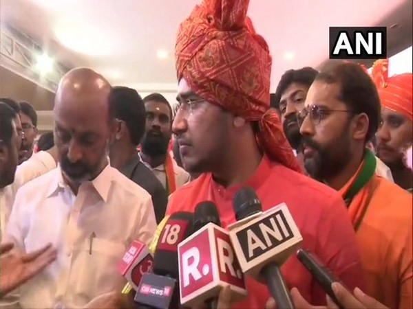 BJP MP  Tejasvi Surya speaking to media on Monday in Hyderabad. 