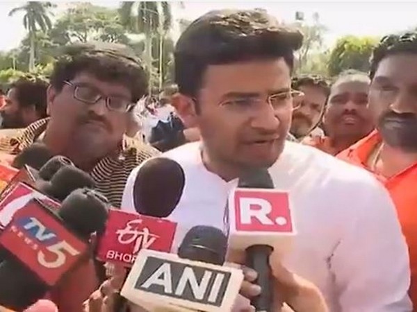 BJP MP Tejasvi Surya speaks to the media on Tuesday in Hyderabad. (Photo/ANI)