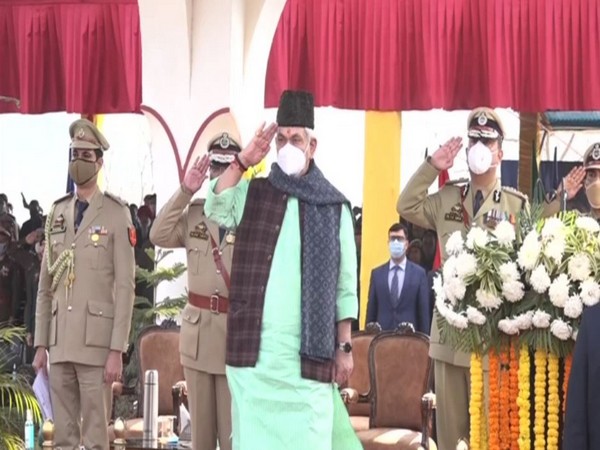 J-K Lieutenant Governor Manoj Sinha saluting at passing out ceremony at SKPA. (Photo/ANI)
