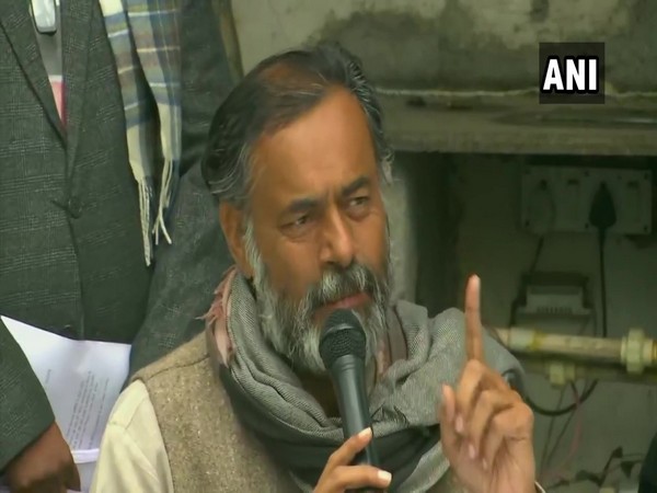 Swaraj India's Yogendra Yadav speaking to reporters in New Delhi.