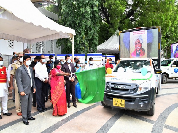 Visual of Telangana governor flagging off Mobile Digital Publicity Vans (Photo/ANI)