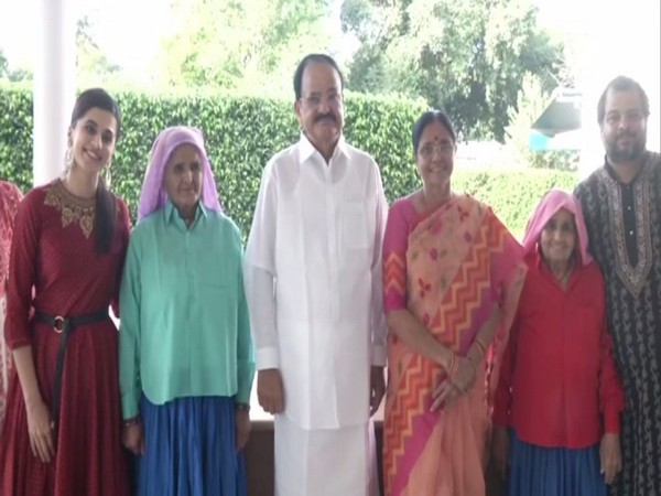 Taapsee Pannu (left) with Vice President M Venkaiah Naidu along with Chandro Tomar and Prakashi Tomar in New Delhi on Saturday. Photo/ANI