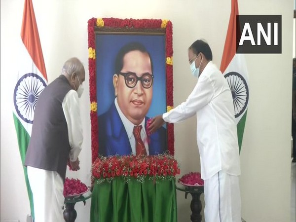 Vice President and Tamil Nadu Governor paying floral tribute to BR Ambedkar on Sunday. [Photo/ANI]