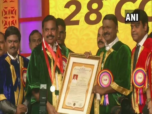 Tamil Nadu CM Edappadi K Palaniswami receives an honorary doctorate from Dr MGR Educational and Research Institute on Sunday. Photo/ANI