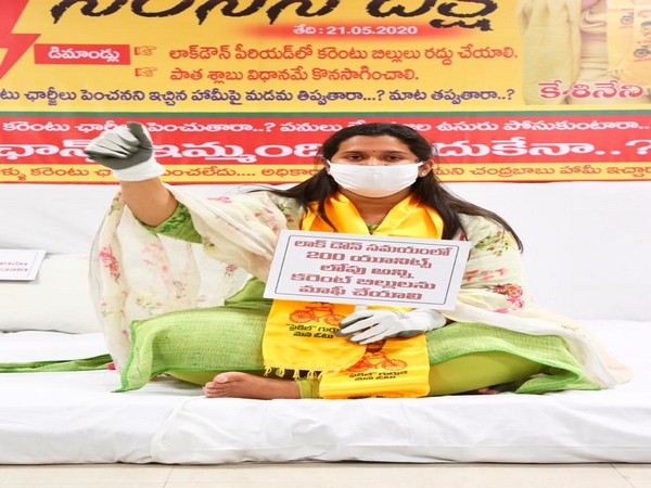 TDP leader Kesineni Swetha protesting in Vijayawada on Thursday. 
