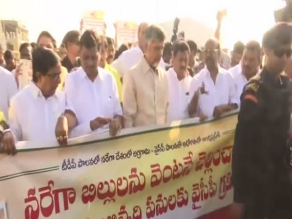 TDP legislators protested under aegis of N Chandrababu Naidu in Amaravati on Friday 